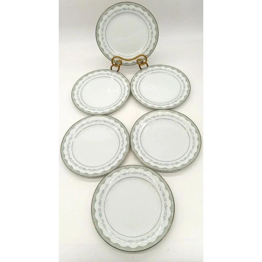 Vtg Noritake Margaret Salad Plates 8.25in Set of 6 White/Green Platinum 6243